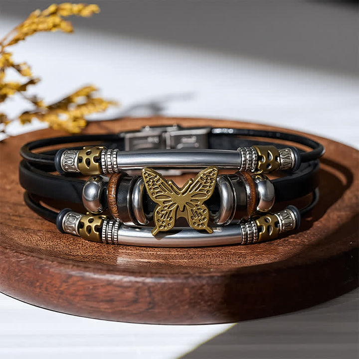 Vintage Butterfly Multi-Layer Viking Style Leather Bracelet - Black & Bronze - image 0