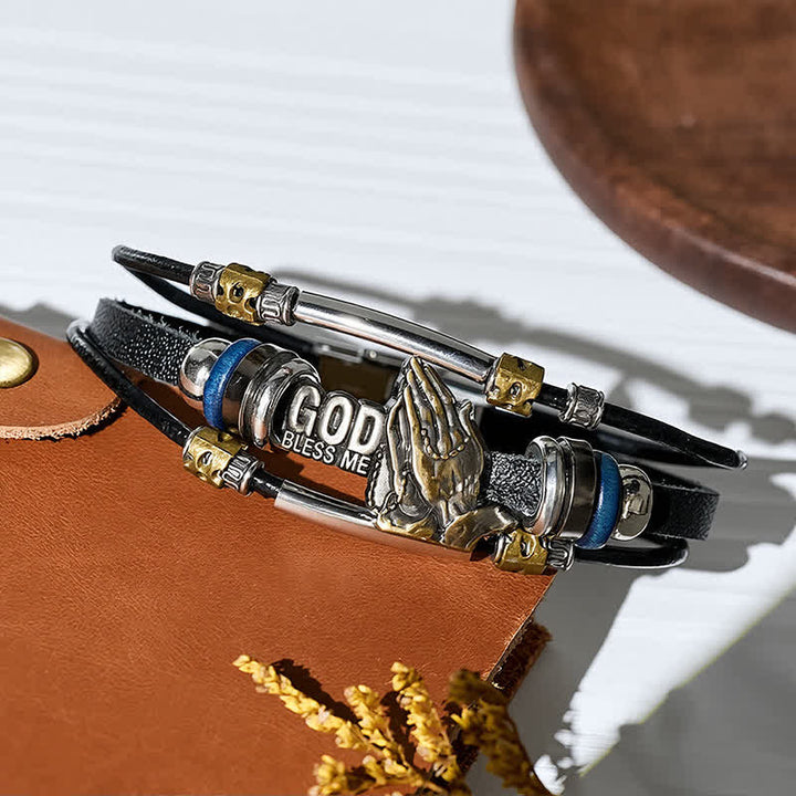 God Bless Me Praying Hands Vintage Leather Bracelet - image 2