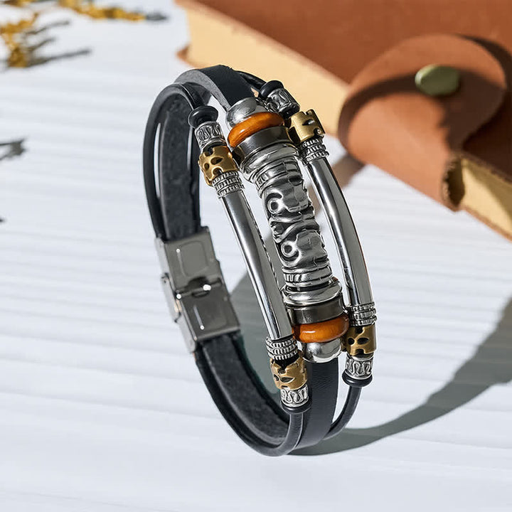 Punk Retro Hollow Alloy Bead Multi-strand Leather Bracelet - Black - image 0