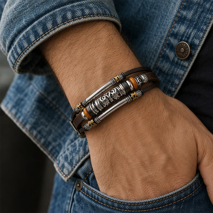 Punk Retro Hollow Alloy Bead Multi-strand Leather Bracelet - image 2