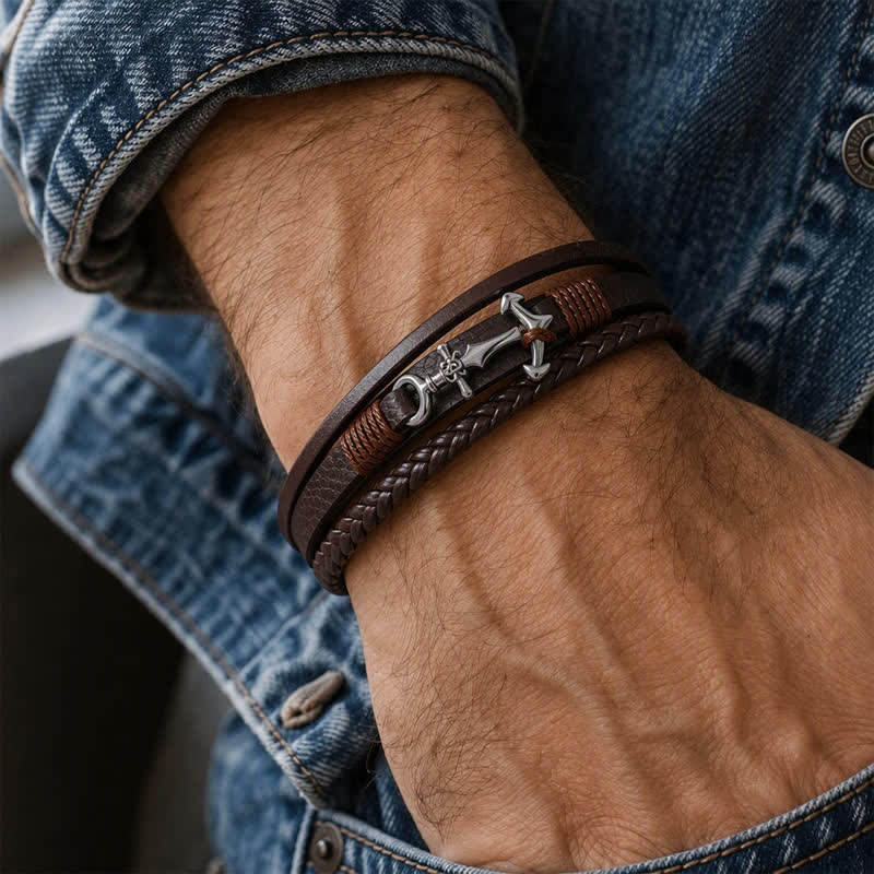 Nautical Anchor Adjustable Snap Button Leather Bracelet - image 2