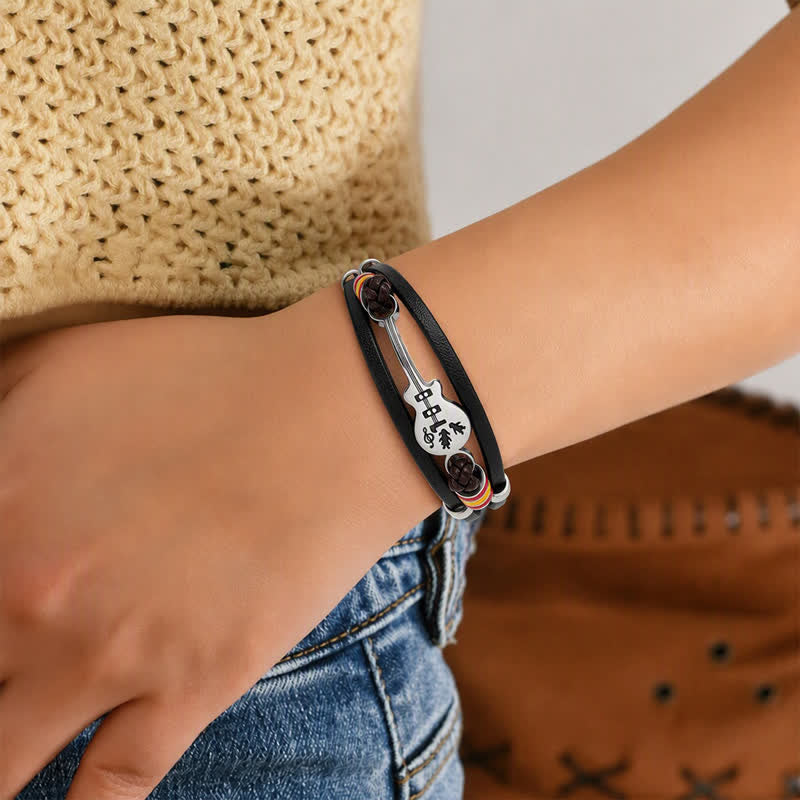 Acoustic Guitar Charm Punk Rock Adjustable Leather Bracelet - image 2