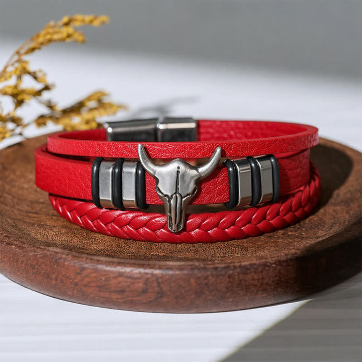 Western Cowboy Bull Head Multi-layer Braided Leather Bracelet - Red - image 8