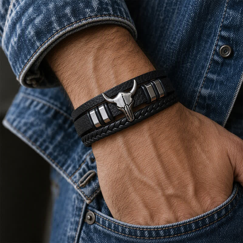 Western Cowboy Bull Head Multi-layer Braided Leather Bracelet - image 1