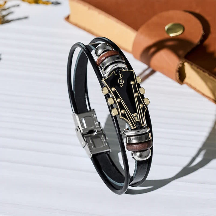 Electric Guitar Head Alloy Leather Bracelet - Black - image 0