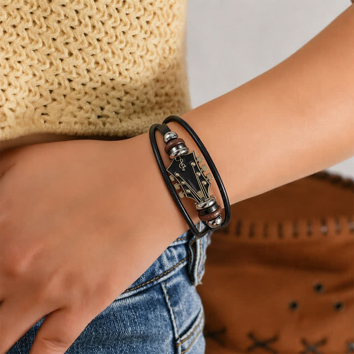 Electric Guitar Head Alloy Leather Bracelet - image 2