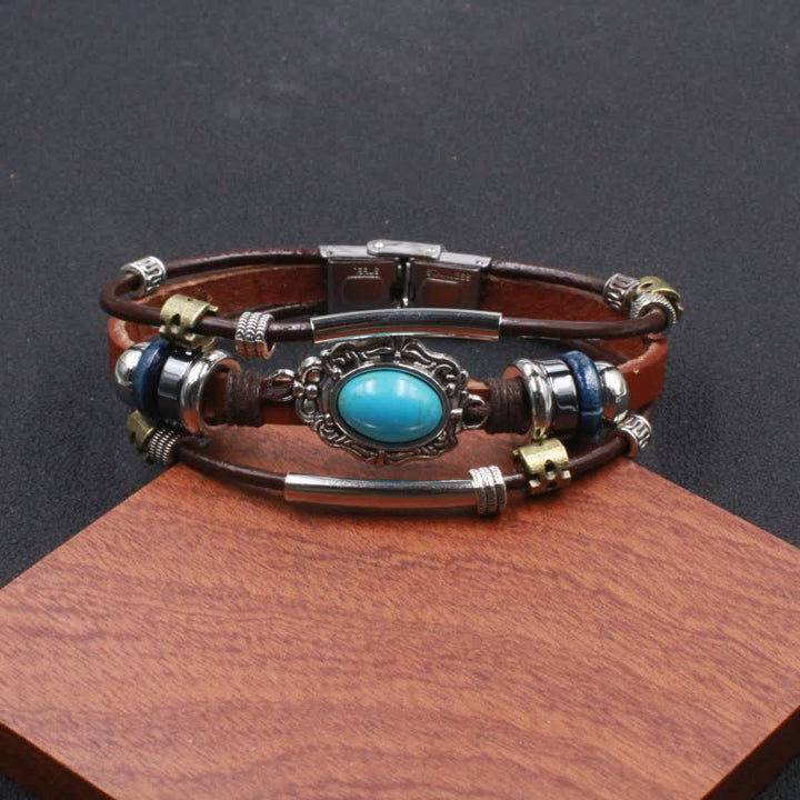 Handmade Braided Boho Turquoise Charm Leather Bracelet - Style#13 - image 15