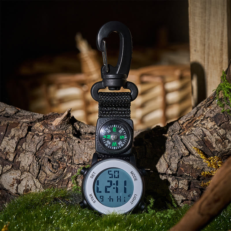 Portable Clip Digital Hanging Watch With Compass Keychain - Black - image 0