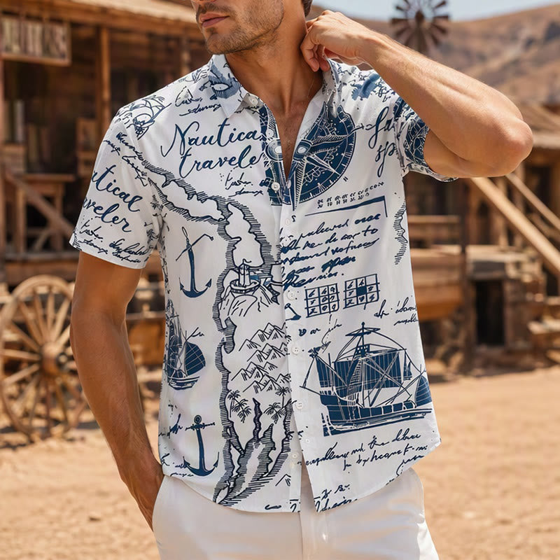 Men's Vintage Nautical Sketch Hawaiian Short Sleeve Shirt - Style#1 - 4XL - image 0