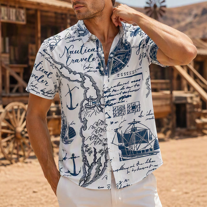 Men's Vintage Nautical Sketch Hawaiian Short Sleeve Shirt - Style#1 - 4XL - image 0