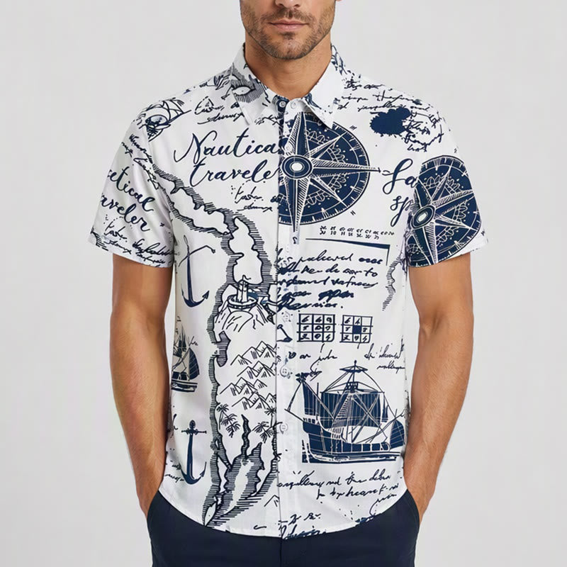 Men's Vintage Nautical Sketch Hawaiian Short Sleeve Shirt - image 1