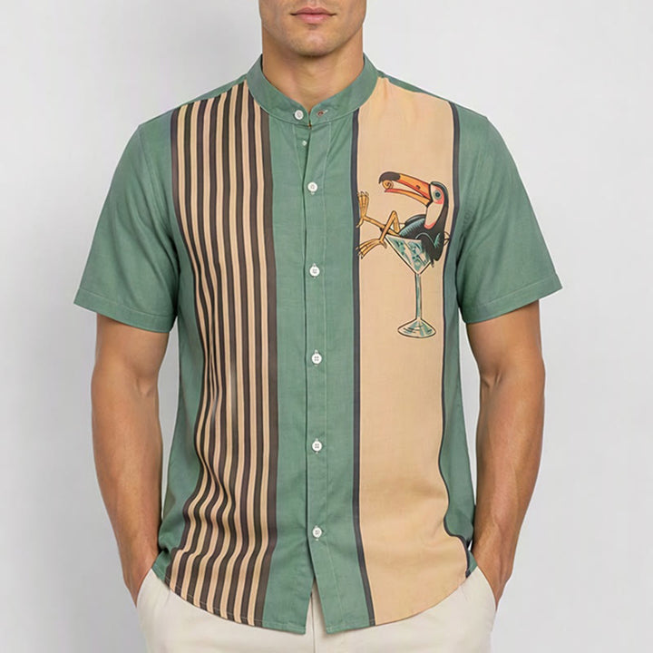 Men's Tropical Toucan Cocktail Print Vertical Stripe Summer Shirt - image 1