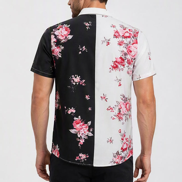 Men's Black White Contrast Rose Floral Print Casual Shirt - image 2