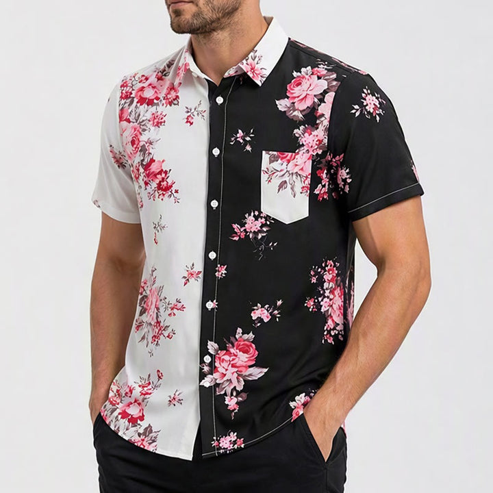 Men's Black White Contrast Rose Floral Print Casual Shirt - image 3