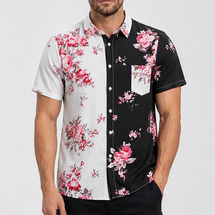 Men's Black White Contrast Rose Floral Print Casual Shirt - image 1