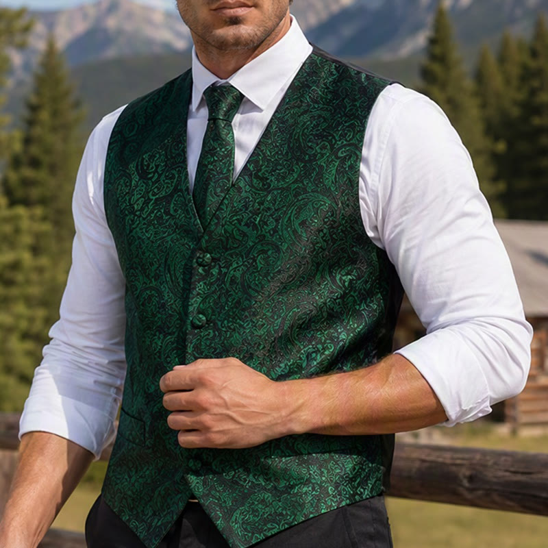 Men's Paisley Jacquard Waistcoat 3 Piece Set Suit Vest - Dark Green - 2XL - image 6