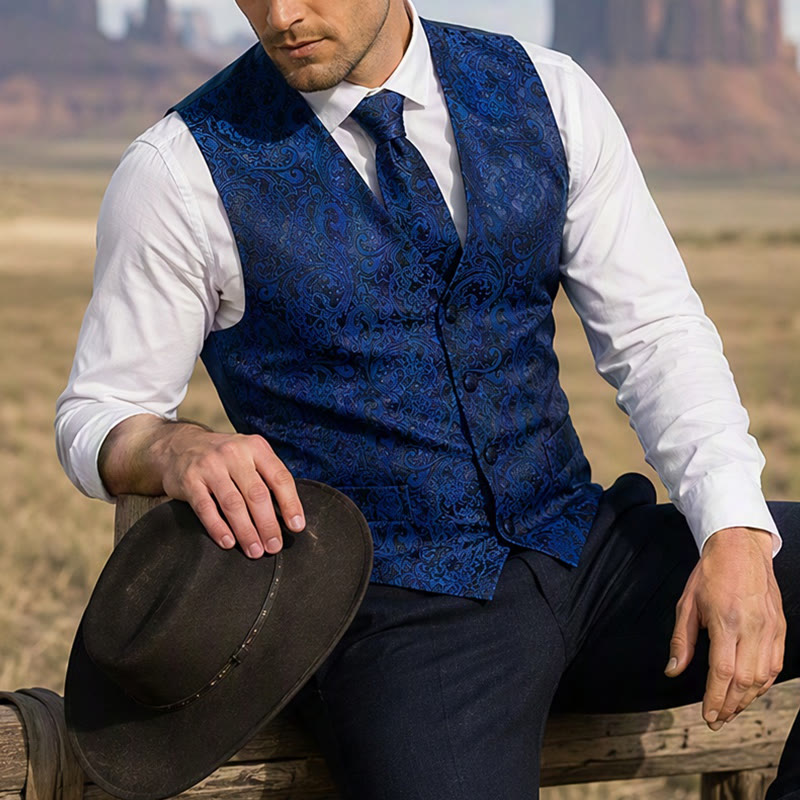 Men's Paisley Jacquard Waistcoat 3 Piece Set Suit Vest - Dark Blue - 2XL - image 5