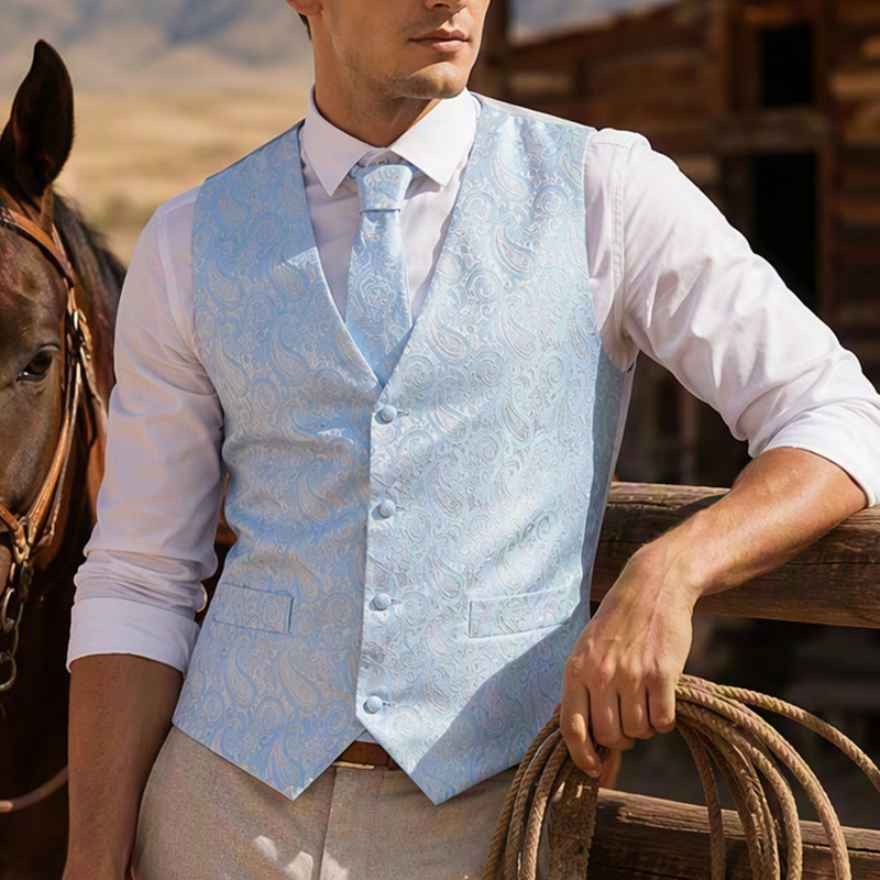 Men's Paisley Jacquard Waistcoat 3 Piece Set Suit Vest - Light Blue - 2XL - image 0