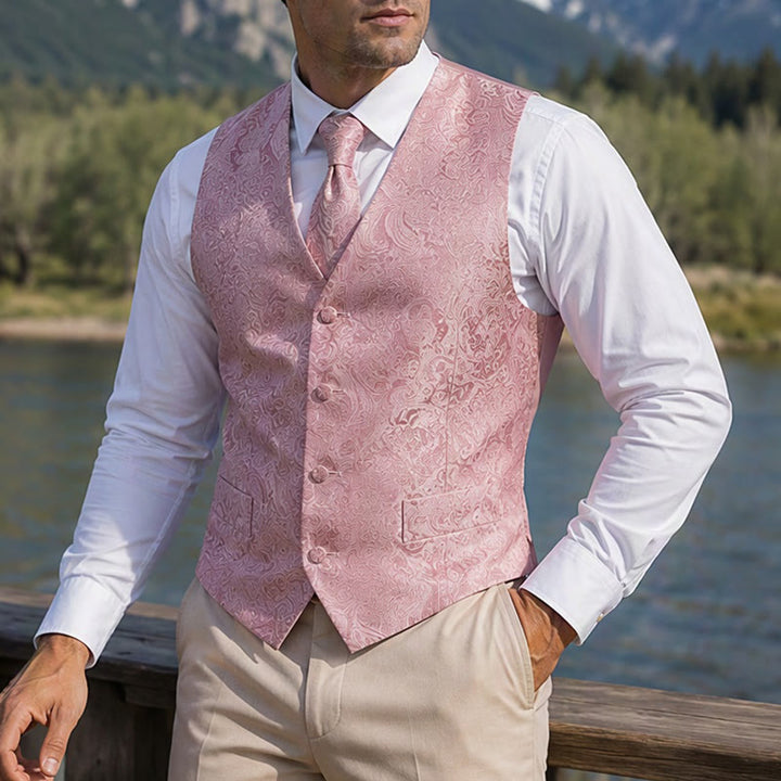 Men's Paisley Jacquard Waistcoat 3 Piece Set Suit Vest - Pink - 2XL - image 8