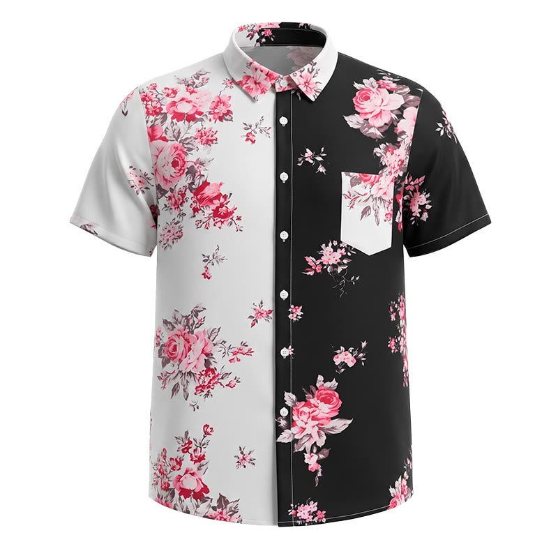 Men's Black White Contrast Rose Floral Print Casual Shirt - image 10