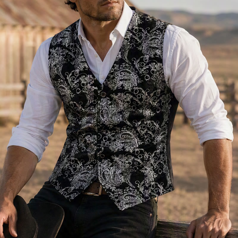 Men's Luxury Vintage Baroque Print Party Club Suit Vest - Silver - 2XL - image 4