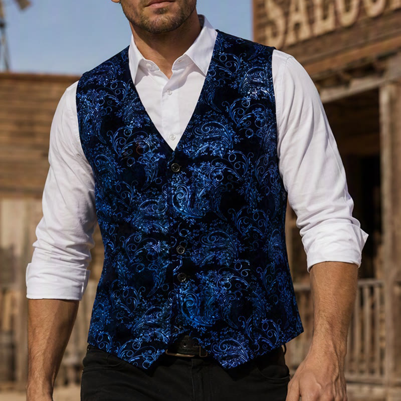 Men's Luxury Vintage Baroque Print Party Club Suit Vest - Blue - 2XL - image 5