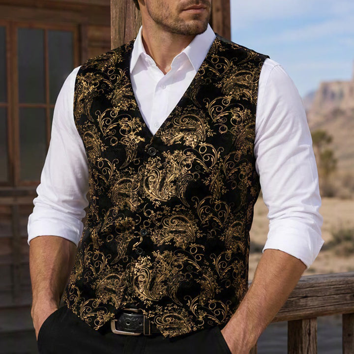 Men's Luxury Vintage Baroque Print Party Club Suit Vest - Golden - 2XL - image 0