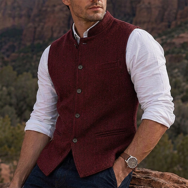 Men's Mandarin Collar Herringbone Tweed Waistcoat Suit Vest - Wine - 3XL - image 8