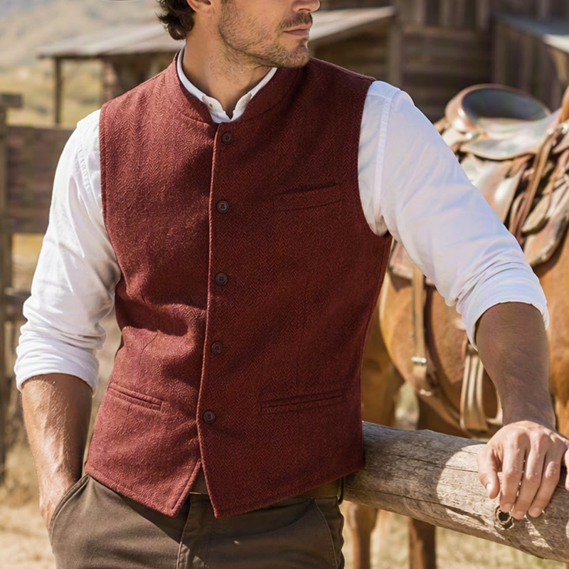 Men's Mandarin Collar Herringbone Tweed Waistcoat Suit Vest - Orange - 3XL - image 0