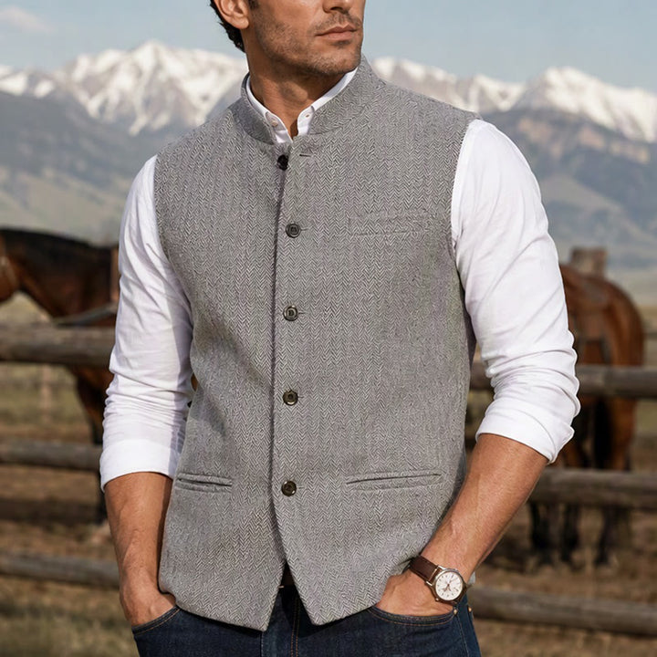 Men's Mandarin Collar Herringbone Tweed Waistcoat Suit Vest - Silver - 3XL - image 5