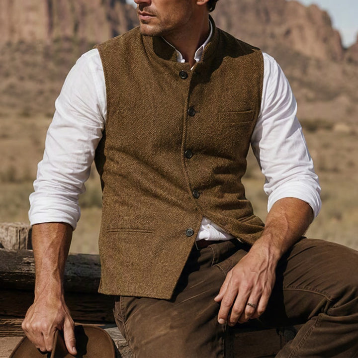Men's Mandarin Collar Herringbone Tweed Waistcoat Suit Vest - Coffee - 3XL - image 15