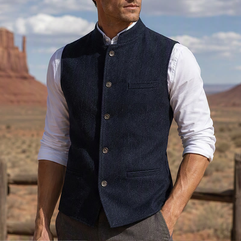 Men's Mandarin Collar Herringbone Tweed Waistcoat Suit Vest - Navy Blue - 3XL - image 12
