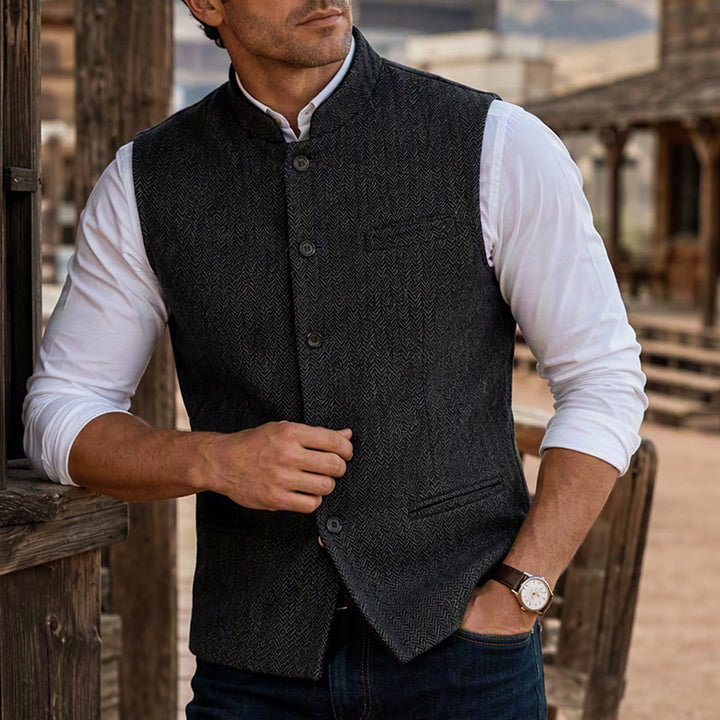 Men's Mandarin Collar Herringbone Tweed Waistcoat Suit Vest - Black - 3XL - image 6