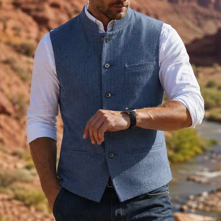 Men's Mandarin Collar Herringbone Tweed Waistcoat Suit Vest - Blue - 3XL - image 13