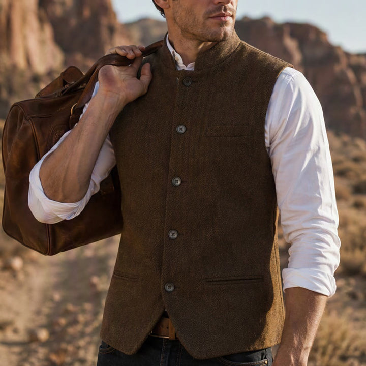 Men's Mandarin Collar Herringbone Tweed Waistcoat Suit Vest - Brown - 3XL - image 15