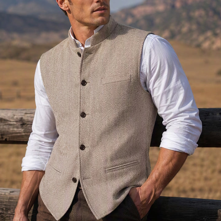 Men's Mandarin Collar Herringbone Tweed Waistcoat Suit Vest - Champagne - 3XL - image 17