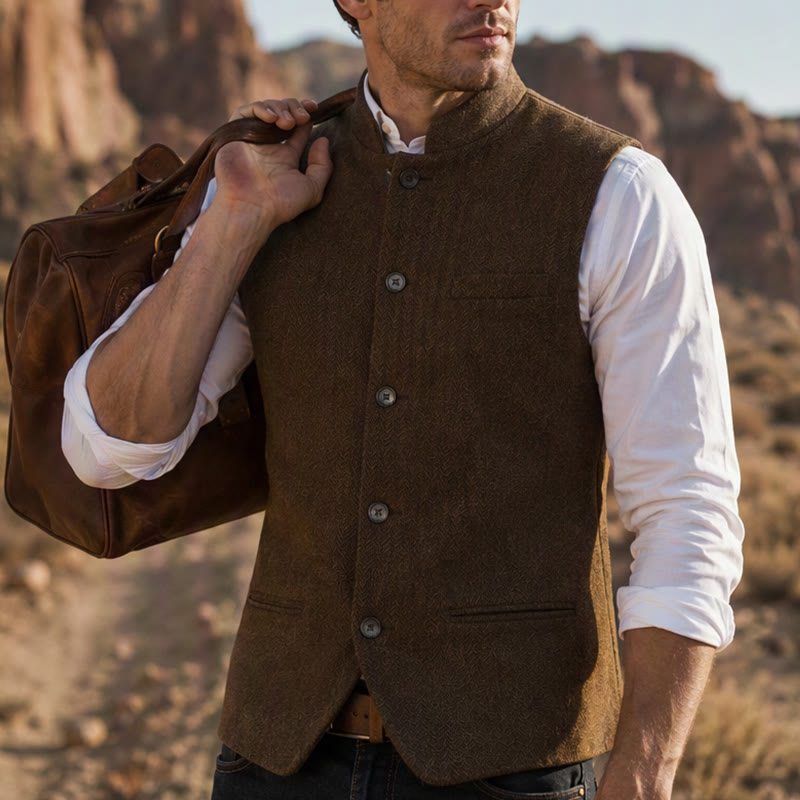Men's Mandarin Collar Herringbone Tweed Waistcoat Suit Vest - Brown - 3XL - image 16