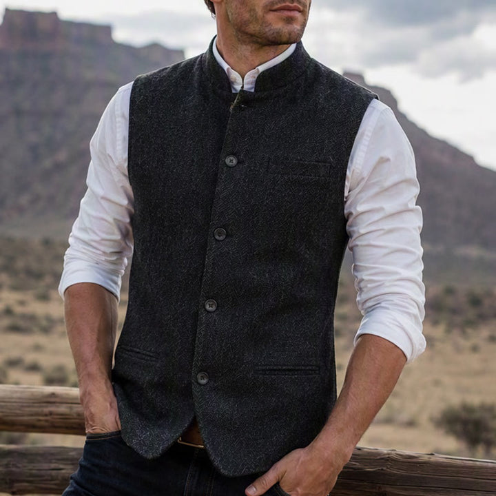 Men's Mandarin Collar Herringbone Tweed Waistcoat Suit Vest - Grey - 3XL - image 4
