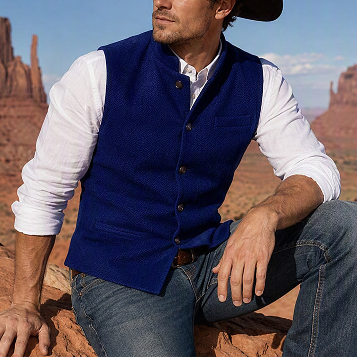 Men's Mandarin Collar Herringbone Tweed Waistcoat Suit Vest - Royal Blue - 3XL - image 11