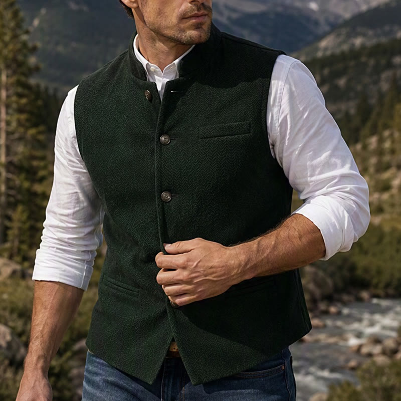 Men's Mandarin Collar Herringbone Tweed Waistcoat Suit Vest - Army Green - 3XL - image 10