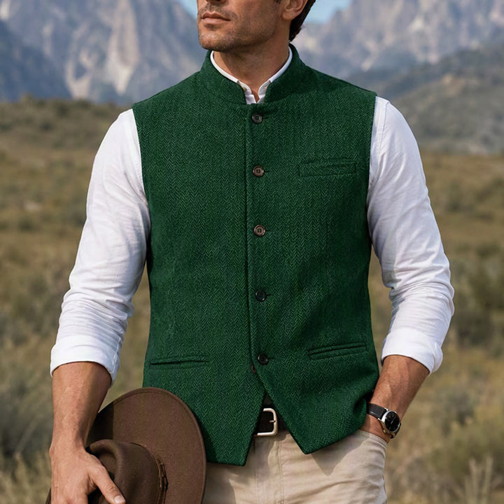 Men's Mandarin Collar Herringbone Tweed Waistcoat Suit Vest - Green - 3XL - image 9