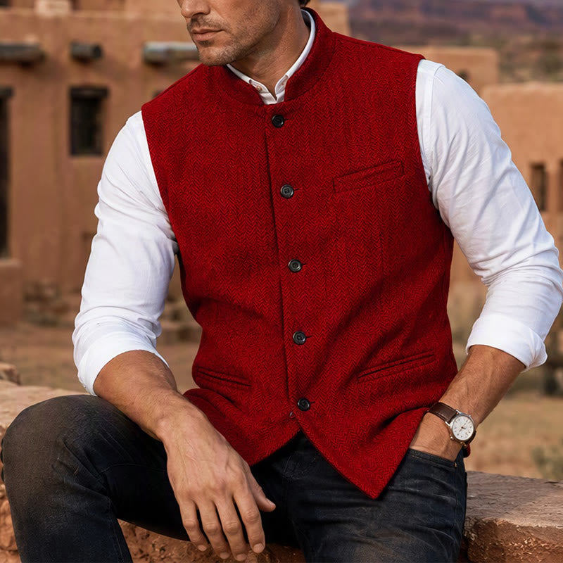 Men's Mandarin Collar Herringbone Tweed Waistcoat Suit Vest - Red - 3XL - image 7