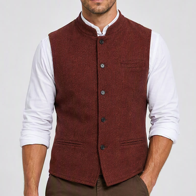Men's Mandarin Collar Herringbone Tweed Waistcoat Suit Vest - image 1
