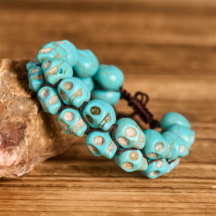 Gothic Turquoise Skull Beaded Adjustable Braided Bracelet - image 2
