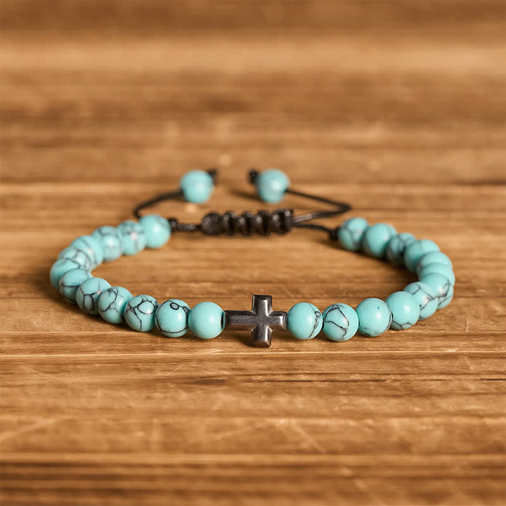 Faith Cross Turquoise Beaded Adjustable Bracelet - Light Turquoise - image 0