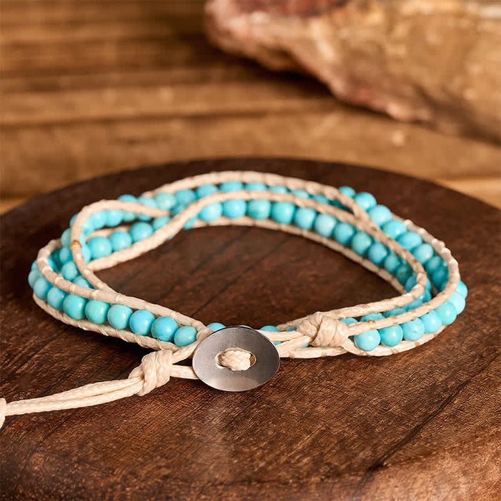 Clean Double Wrap Turquoise Beaded Bracelet With Beige Cord - image 2