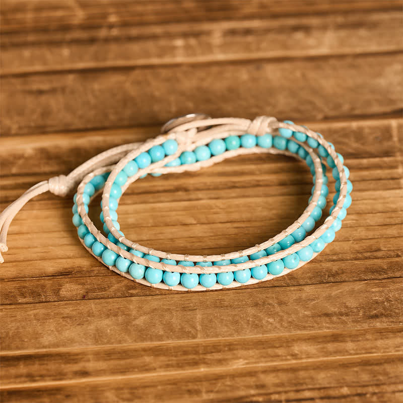Clean Double Wrap Turquoise Beaded Bracelet With Beige Cord - image 3