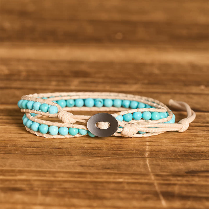 Clean Double Wrap Turquoise Beaded Bracelet With Beige Cord - Turquoise - image 0