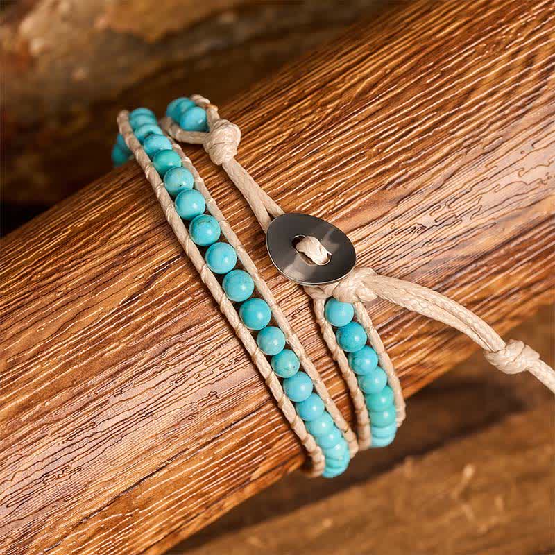 Clean Double Wrap Turquoise Beaded Bracelet With Beige Cord - image 1