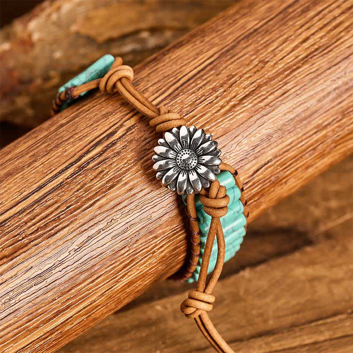 Sunflower Button Turquoise Tube Healing Leather Bracelet - image 5